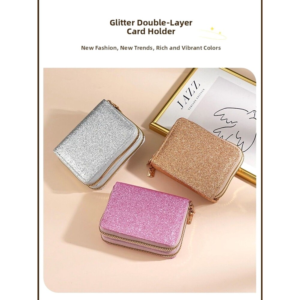 Silver Gold Glitter Wallet Double Zipper Accordion Card Holder Coin Purse NEW - Picture 10 of 13